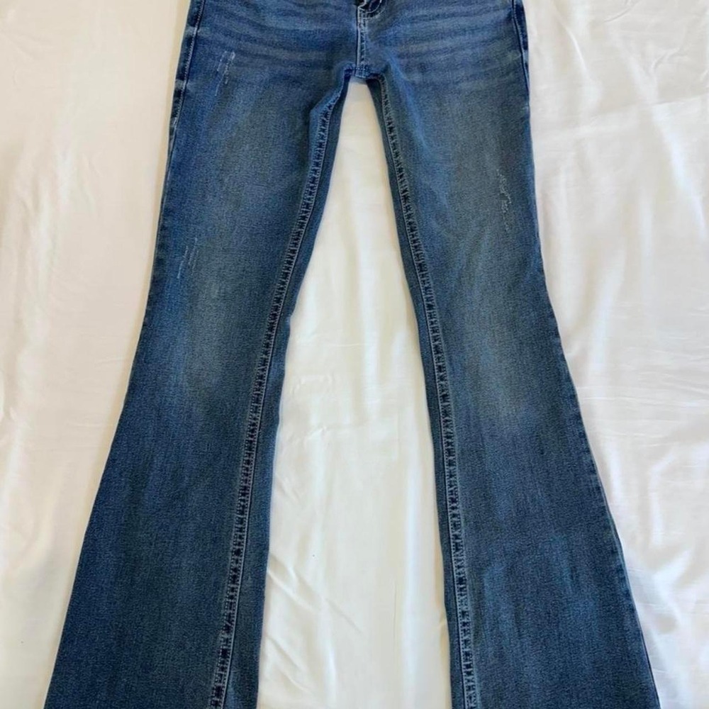 Flamingo Women Medium Wash Flare Jeans Distressed Stretch Size M 28x30